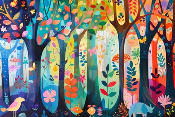 A vibrant and playful forest scene with colorful trees, flowers, and birds, A whimsical forest with vibrant colors and playful animals