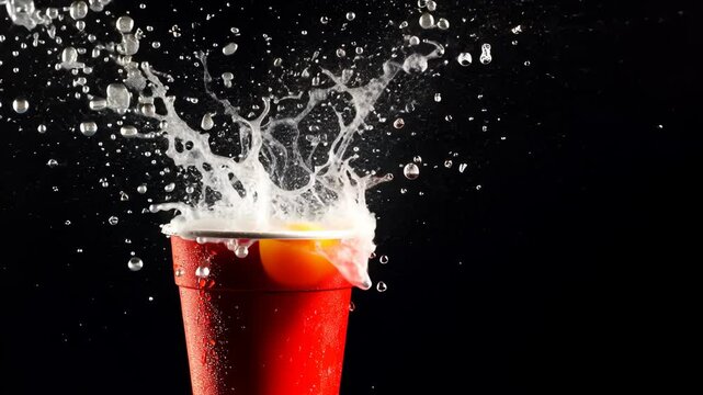 Red cup filled with water is being splashed by a ping pong ball. The cup is half full and the water is spilling out of it, creating a fun and playful scene