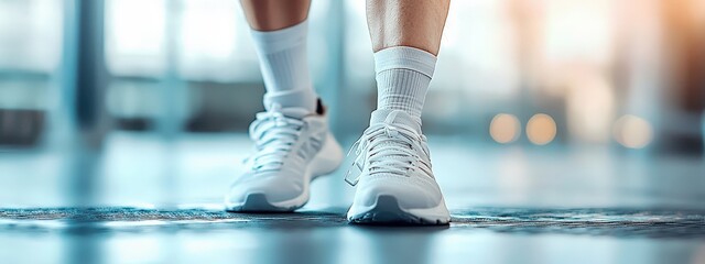 Senior legs strapped with lightweight resistance training equipment.