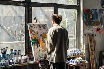 Obraz premium A Student Artist Painting an Abstract Canvas in a Sunlit Studio, A student painting on a canvas in a sunlit art studio, surrounded by tubes of paint and brushes