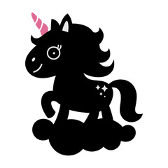 Obraz premium Vector black silhouette of cute pony unicorn is standing on cloud