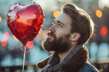 Handsome Caucasian Man with Beard Holding Romantic Red Heart Balloon