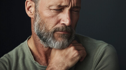 Naklejka premium Middle Aged Man with Throat Pain on Gray Background