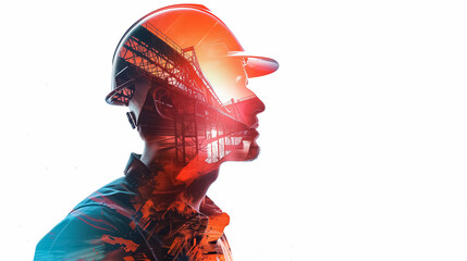 Double Exposure Portrait of a Worker with Helmet in Side View on White Background