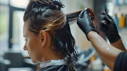 Video of hair colouring process in a beauty salon. Perfect for advertising cosmetic services, beauty blogs, hair care tutorials, as well as for presentations of cosmetic products.
