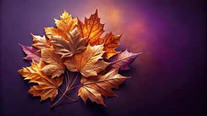 Detailed metallic orange leaf arrangement on a deep violet background with subtle gradient and soft focus effects, autumn leaves, violet background