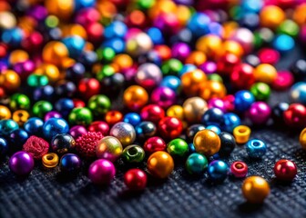 Colorful Beads Scattered on Black Fabric: Abstract Craft Texture Stock Photo