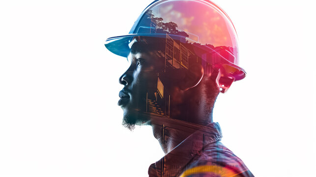 Side View of a Worker with Helmet and Double Exposure Effects on White Background
