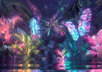 Fototapeta premium Surreal Neon Tropical Leaves with Shimmering Lights and Reflections on a Dark Background