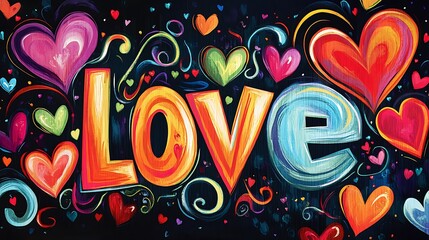 Colorful "Love" text with hearts and swirls.