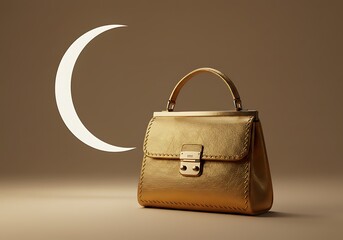A stylish golden handbag illuminated by a crescent moon light, set against a warm, minimalist background.