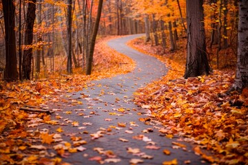 Naklejka premium A winding path through an autumnal forest covered in fallen leaves, A winding path covered in a blanket of crisp leaves