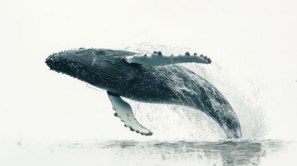 Humpback whale breaching, water splashing, isolated on white.