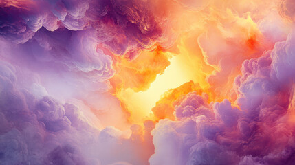 Fototapeta premium A vibrant ethereal cloudscape, rich golden-orange and lavender tones, billowing clouds with crisp defined edges