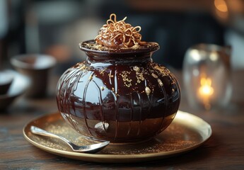 Elegant chocolate dessert served in a stylish ceramic pot, adorned with golden spirals and sprinkled with edible gold, creating a luxurious dining experience.