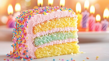 Delicious colorful layer cake birthday celebration food photography festive atmosphere close-up view joyful dessert experience