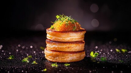 Gourmet pancakes with caviar elegant restaurant food photography dark ambient close-up culinary art
