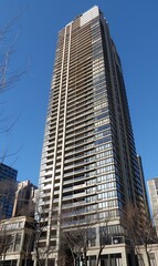 Fototapeta premium Opposite high rise buildings up view in perspective 