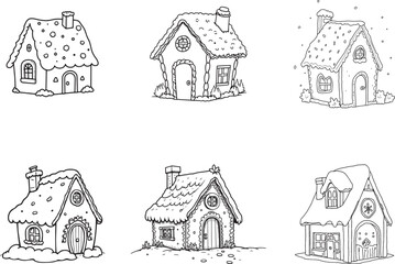Hand drawn line art cartoon gingerbread house vector illustration set collection coloring page