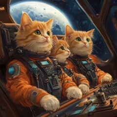 Kittens piloting spaceship, moon backdrop, space adventure