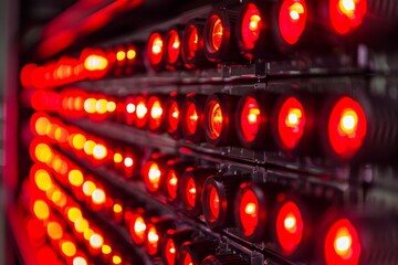 Rows of red LEDs glow brightly, indicating active servers and network activity within a data center, Glowing red LED lights indicating power and activity