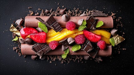 Decadent chocolate dessert with fresh berries and mango gourmet food photography elegant setting aerial view culinary art