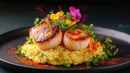 Delicious seared scallops with risotto gourmet restaurant food photography elegant dining close-up culinary art