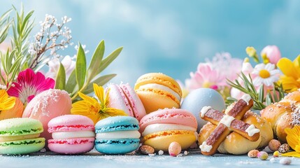 Delightful macarons and sweets display spring garden food photography floral environment close-up view culinary concept