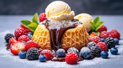 Delicious chocolate waffle with ice cream and berries gourmet dessert kitchen close-up indulgence