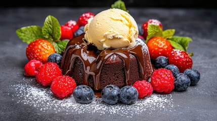 Delicious chocolate cake with ice cream and berries gourmet dessert kitchen food photography close-up indulgence