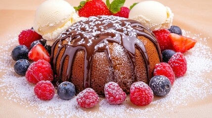 Decadent chocolate lava cake with fresh berries and ice cream gourmet dessert photography cozy restaurant setting high angle view culinary indulgence