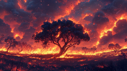 Fototapeta premium Hollywood hills Landscape Burning with Flame and Smoke During California Wildfire, Fallen log burns in California wildfire, Fire Fighting, Brush and Tree Landscape Burning with Flame and Smoke During 