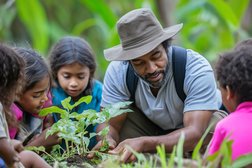 Experienced teacher leading an outdoor nature lesson with students exploring plants and collecting samples.