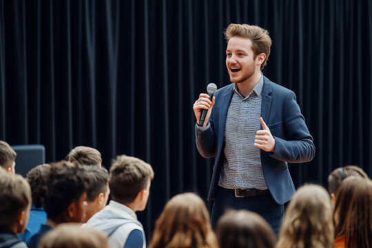 School teacher giving a motivational speech to students at a school assembly, standing on stage with a microphone in hand.