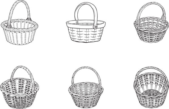 Hand drawn line art Willow wicker basket vector illustration set collection for coloring page