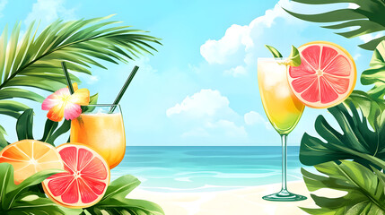 
Summer sale banner with tropical vibes, cocktails, and beach themes, cocktail on the beach