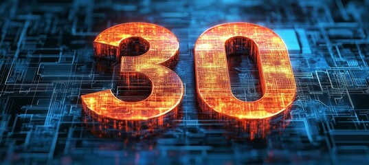 Glowing Digital Single Big 3D Number 30 in Futuristic Cyber Style on an Abstract Background