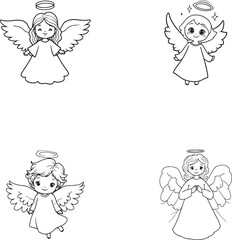 Hand drawn line art Christmas angel spread wings vector illustration set collection coloring page
