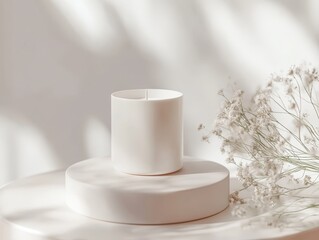 Minimalist ceramic candle jar mockup for branding with blank label and organic white aroma design