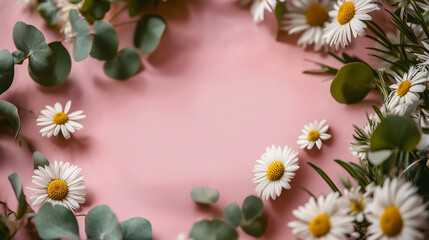 Fototapeta premium Floral Arrangement of Daisies and Eucalyptus Leaves on Pink Background