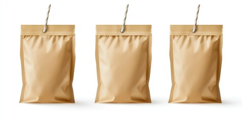 Kraft pouches hanging, studio shot, white background, packaging mockup
