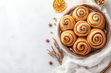 Fototapeta premium Freshly Baked Cinnamon Rolls in a Woven Basket Surrounded by Natural Ingredients and Decor for a Cozy Breakfast or Brunch Setting