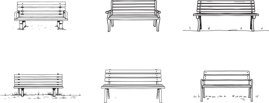 Hand drawn line art Park bench vector illustration set collection for coloring page