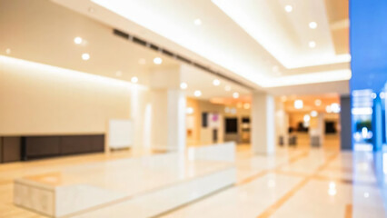 Abstract blurred beautiful interior reception lobby condominium background with bokeh lights from lamps, for presentation, banner design