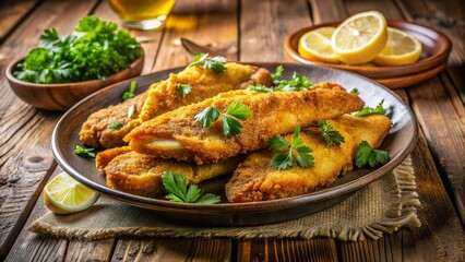 Fototapeta premium Crispy Fried Fish, Golden Brown, Friday Night Dinner, Delicious Seafood, Family Meal
