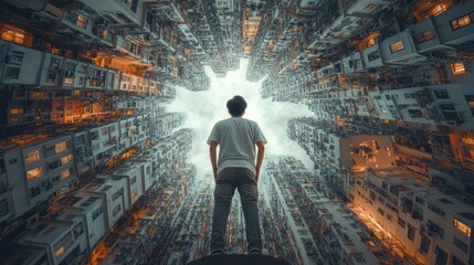 Man looking up at towering urban buildings.