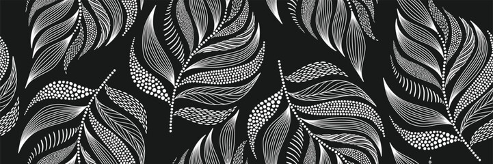 Abstract floral leaf seamless pattern with dotted flat style. black creative leaves background. © andin