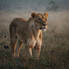 A lioness hunting in the early morning mist.