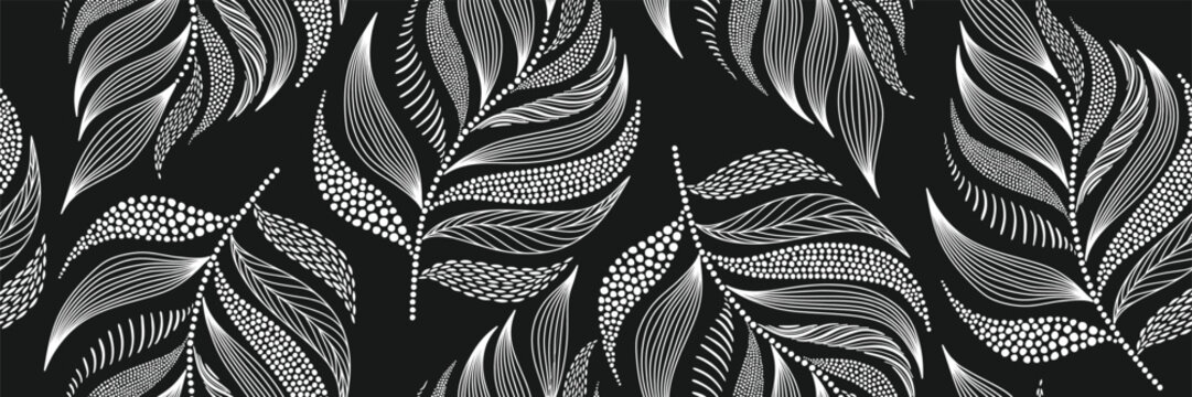Abstract floral leaf seamless pattern with dotted flat style. black creative leaves background.
