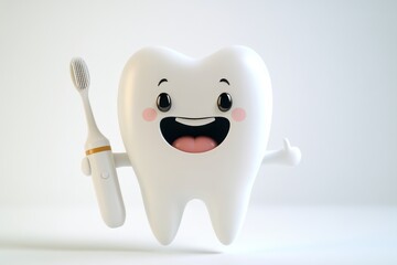 Joyful 3d cartoon tooth character with electric toothbrush advocating dental health and cleanliness